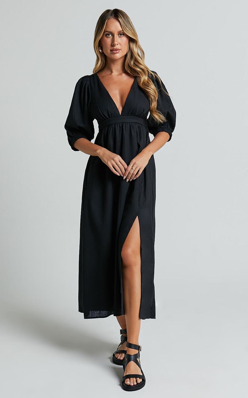 New Showpo Eidie Midi Dress Linen Puff Sleeve Dress Size Small MSRP $89